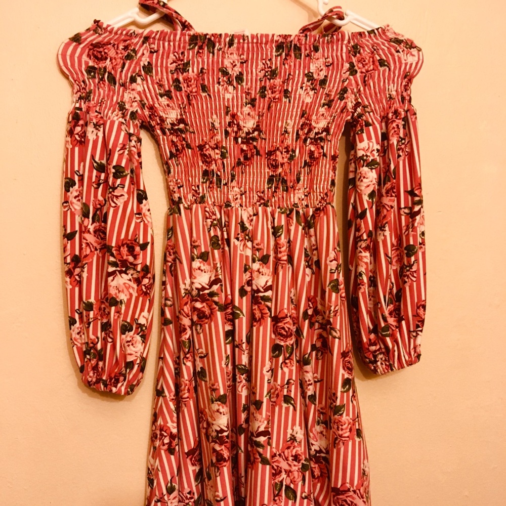 COOL Girls Rose Striped Floral Off Shoulder Dress